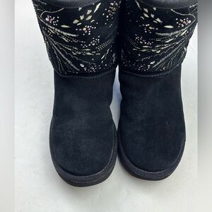 UGG Black Suede Winter Boots with Floral Embroidery